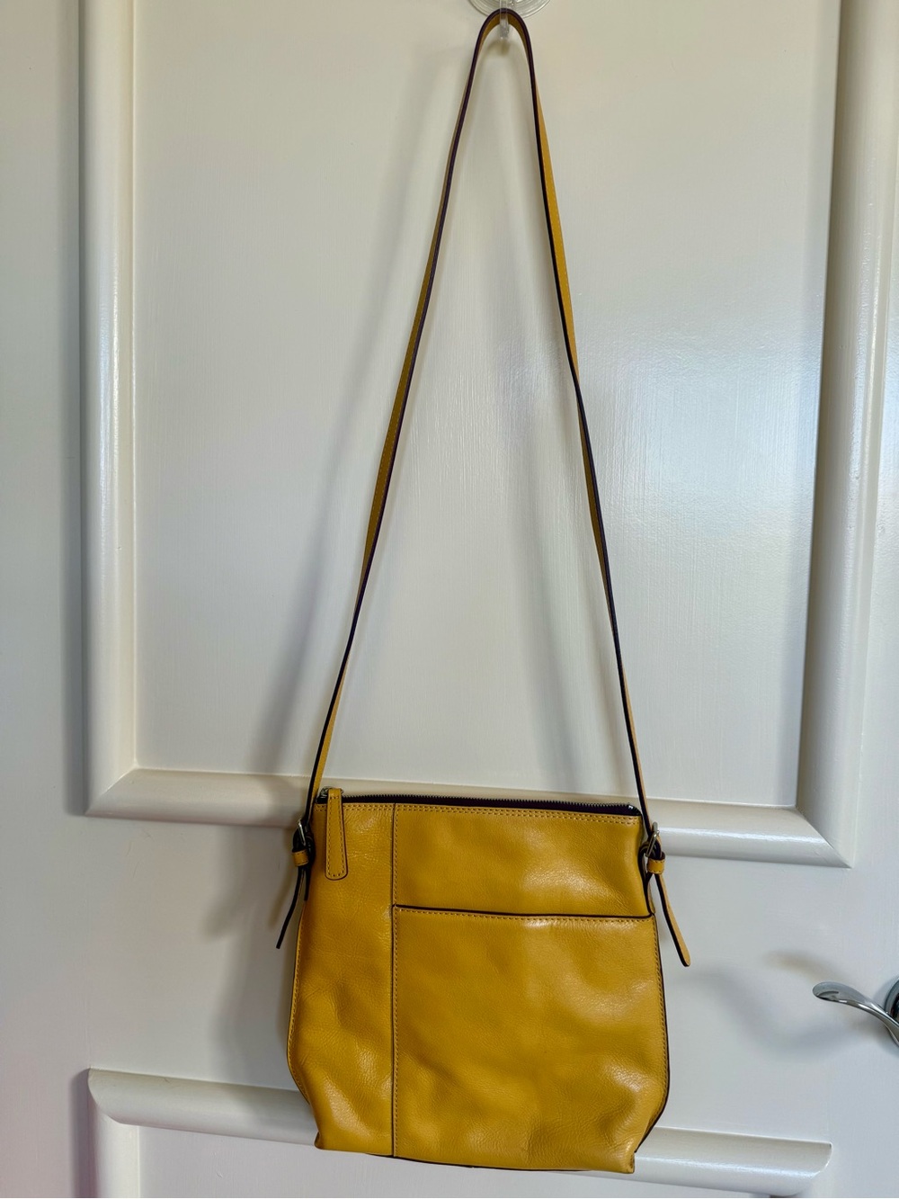 Hobo Brand Leather Adjustable Crossbody Zip Bag, Yellow w Purple Piping & Pocket